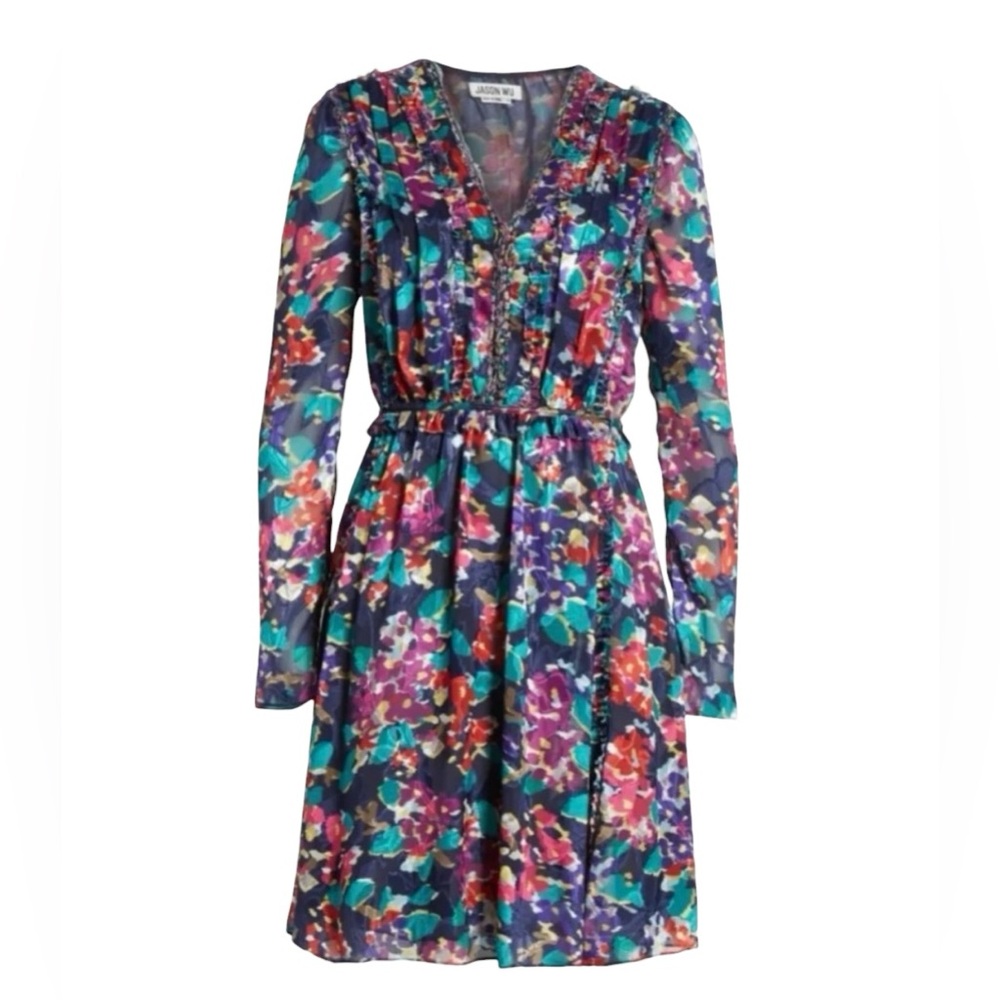JASON WU Dress Motion Floral Silk Trim A-Line Multicolor Large Burnout Fabric